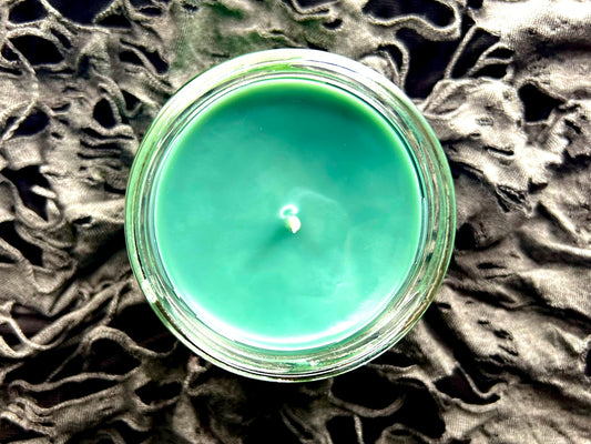 Top-down view of Death Eater candle showing smooth green wax
