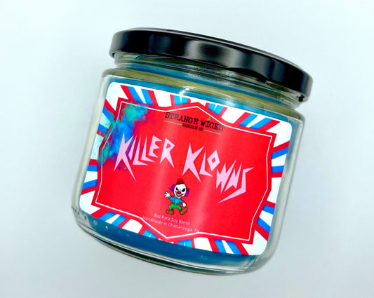 Killer Klowns Candle – front label close-up with red circus art and clown on white background
