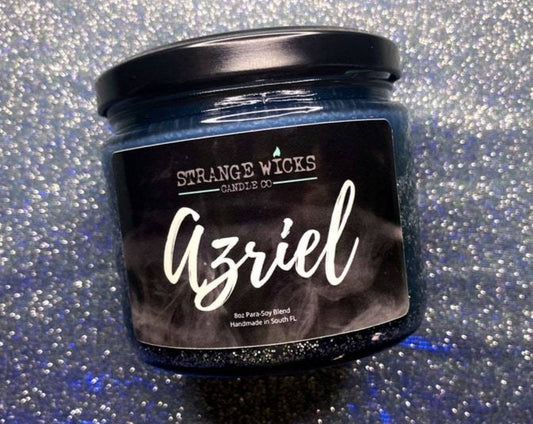 Azriel candle jar with black lid and smoke-patterned label