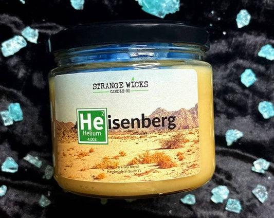 Labeled Heisenberg candle jar with black lid among blue crystals