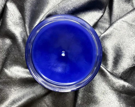 Top-down view of open Rhysand candle showing blue wax