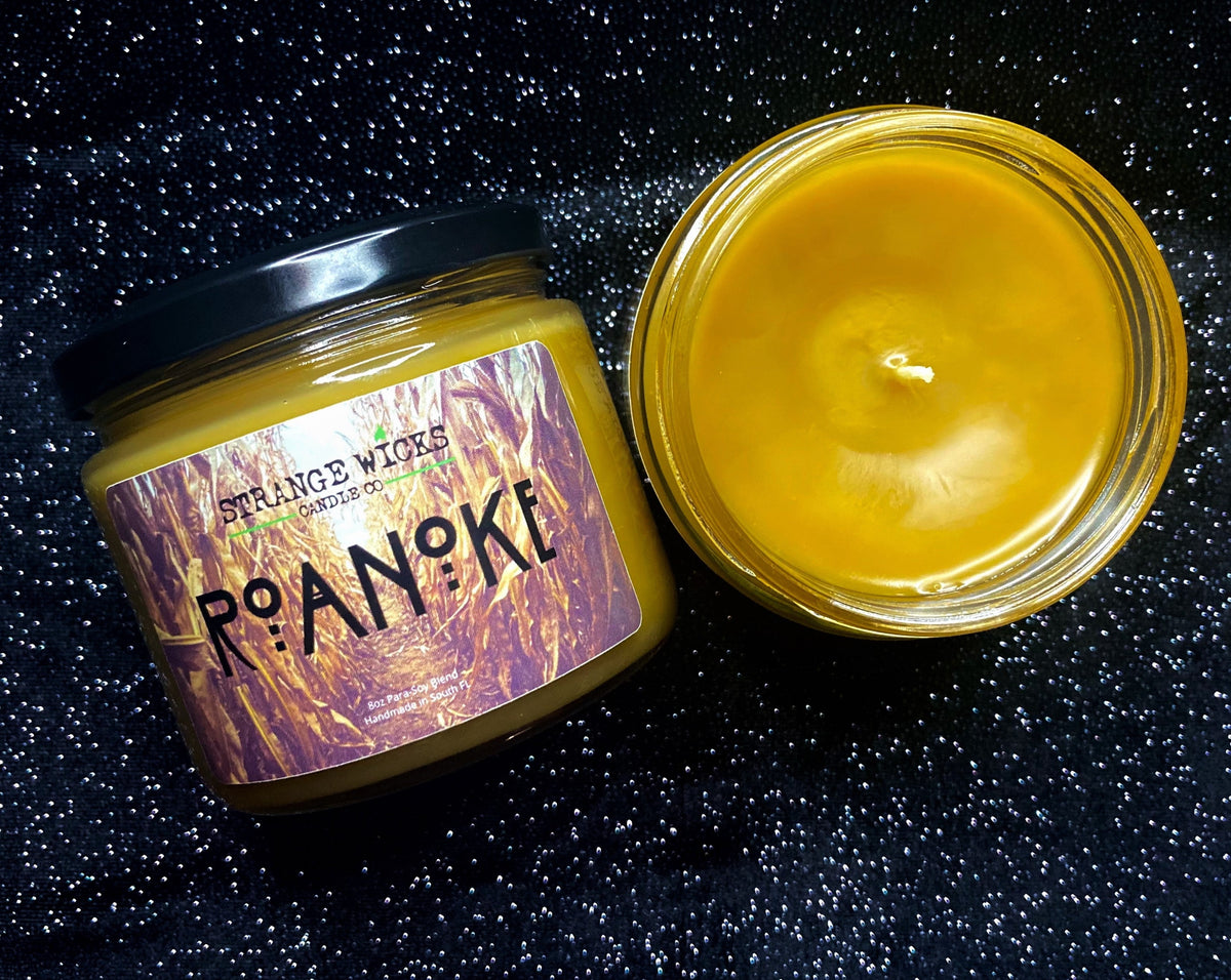 Roanoke - AHS Candle – golden jar candle with wheat label; open jar shows golden wax