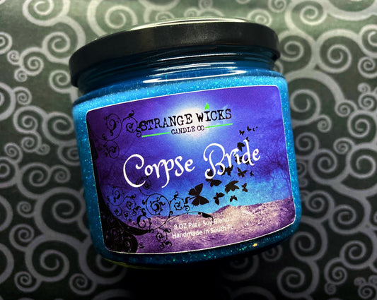 Front view of Corpse Bride candle with purple butterfly label
