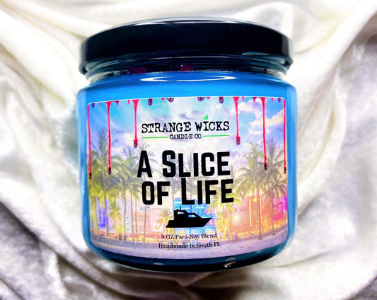 Close-up of A Slice of Life Dexter candle label
