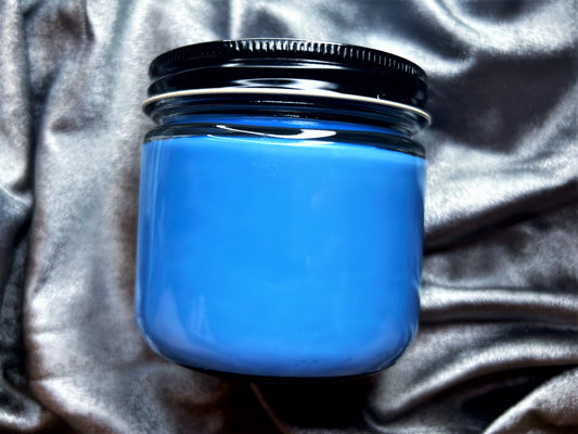 Back of Double Feature candle jar, plain blue wax with black lid