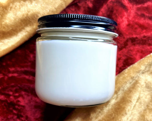 Back of Goodman candle jar with white wax, label not shown