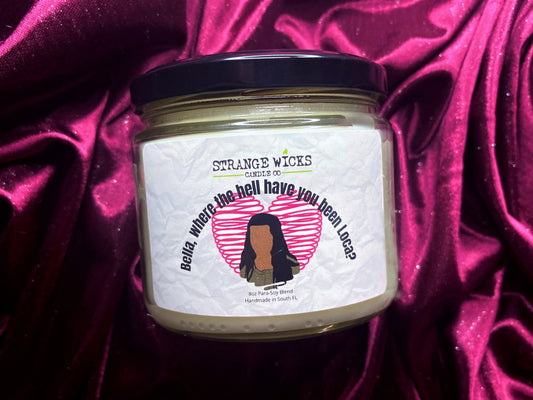 Close-up of the Bella candle label with pink heart artwork