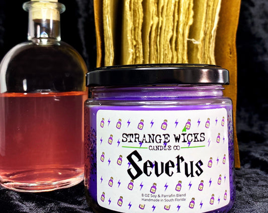 Severus Candle jar with potion-bottle label beside potion bottle and old book