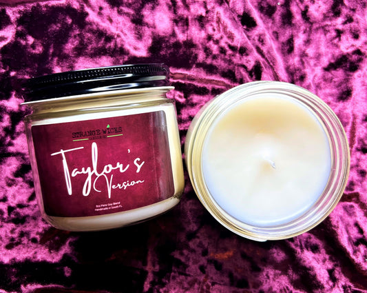 Taylor's Version candle beside open jar showing white wax top