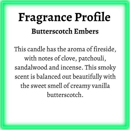 Fragrance profile card describing The Sorting Candle's Butterscotch Embers scent