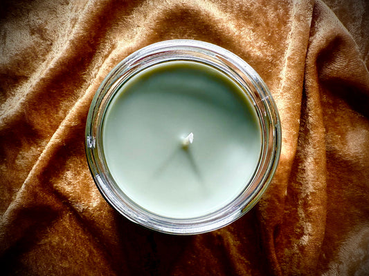Top-down view of The Vampire Armand Candle showing smooth grey-green wax and wick