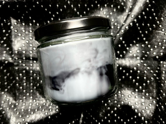 Shadow Daddy Candle – side view of jar showing marbled grey wax and black lid