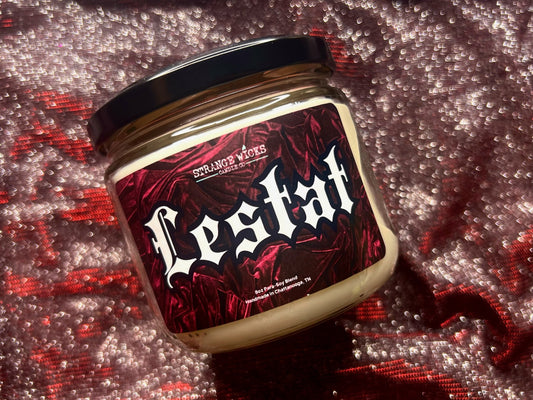Close-up of Lestat candle's gothic label with black lid