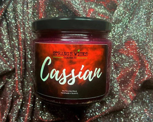 Cassian candle jar with label and black lid
