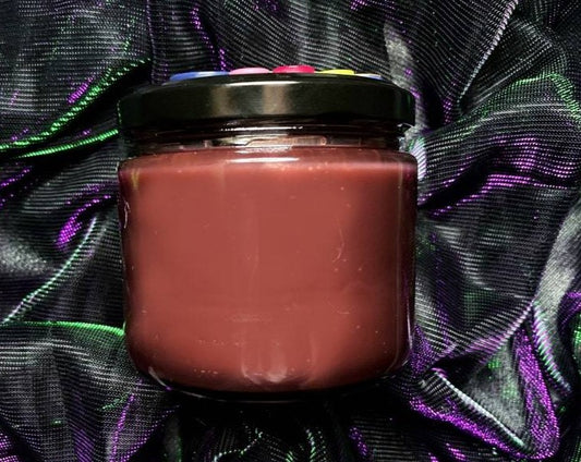 Back of Other Father candle jar showing red wax