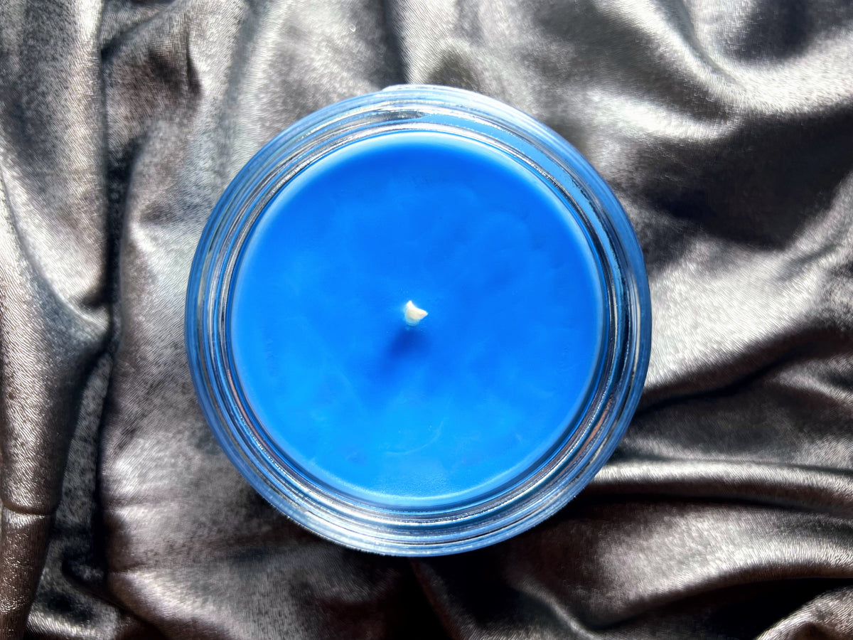 Top-down view of Double Feature candle's blue wax