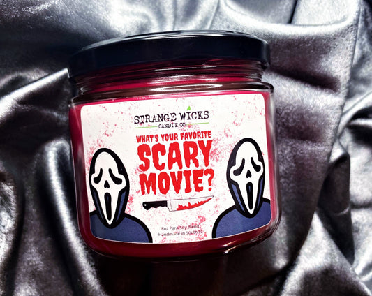 Close-up of the Ghostface label on the What's Your Favorite Scary Movie? candle