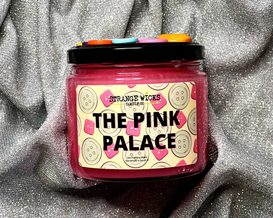 Coraline Candle Collection – The Pink Palace candle with button-covered lid